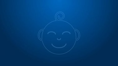 Beyaz çizgi Mutlu küçük çocuk baş simgesi mavi arka planda izole. Erkek bebeğin yüzü. 4K Video hareketli grafik canlandırması