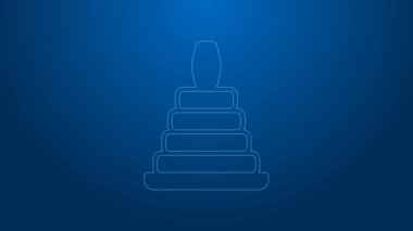 Beyaz çizgi piramit oyuncak ikonu mavi arkaplanda izole edildi. 4K Video hareketli grafik canlandırması