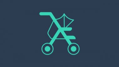 Turkuaz bebek arabası simgesi mavi arka planda izole edildi. Bebek arabası, at arabası, bebek arabası, bebek arabası, tekerlek. 4K Video hareketli grafik canlandırması