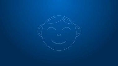 Beyaz çizgi Mutlu küçük çocuk baş simgesi mavi arka planda izole. Erkek bebeğin yüzü. 4K Video hareketli grafik canlandırması