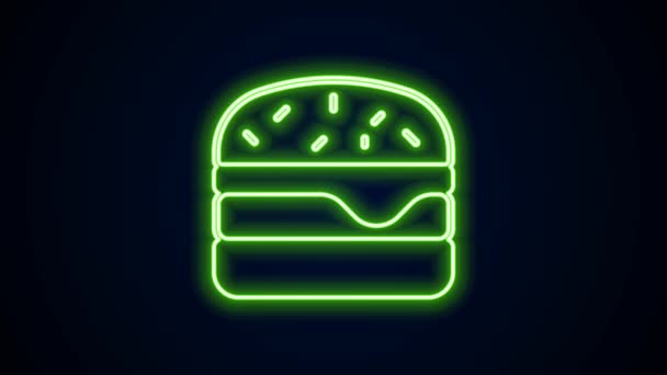 Glowing neon line Burger icon isolated on black background. Hamburger icon. Cheeseburger sandwich sign. Fast food menu. 4K Video motion graphic animation — Stock Video