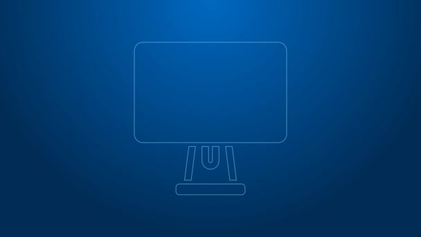 Línea blanca Icono de pantalla de monitor de computadora aislado sobre fondo azul. Dispositivo electrónico. Vista frontal. Animación gráfica de vídeo 4K — Vídeos de Stock