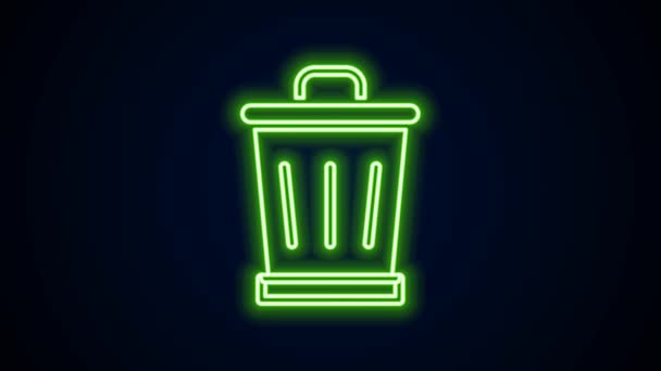 Glowing neon line Trash 는 검은 배경에서 분리 된 아이콘이 될 수있다. 쓰레기통 표지판이야. 재활용 바구니 아이콘. 사무실 쓰레기 아이콘. 4K 비디오 모션 그래픽 애니메이션 — 비디오