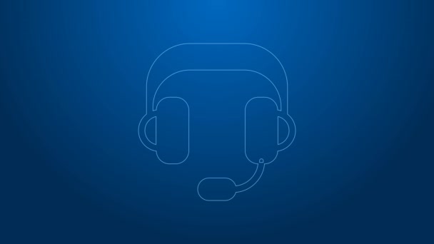 Icono de auriculares de línea blanca aislado sobre fondo azul. Auriculares. Concepto para escuchar música, servicio, comunicación y operador. Animación gráfica de vídeo 4K — Vídeos de Stock