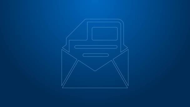Línea blanca Icono de correo electrónico y correo electrónico aislado sobre fondo azul. Envolvente símbolo e-mail. Señal de correo electrónico. Animación gráfica de vídeo 4K — Vídeo de stock