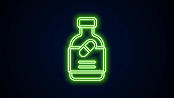 Светящаяся неоновая линия Бутылка с лекарствами и значок таблеток изолированы на черном фоне. Вывеска с таблетками. Аптечный дизайн. Видеографическая анимация 4K — стоковое видео