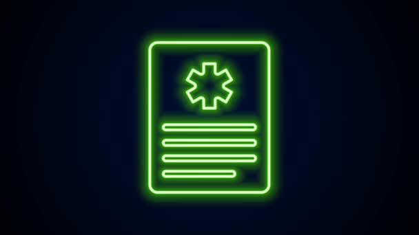 Glowing neon line Portapapeles médico con icono de la historia clínica aislado sobre fondo negro. Prescripción médica, informe de chequeo médico. Animación gráfica de vídeo 4K — Vídeo de stock