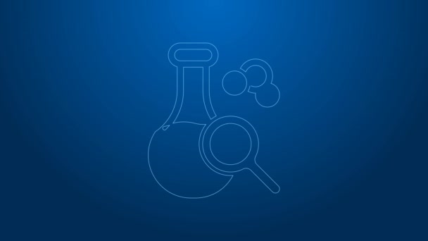 Línea blanca Tubo de ensayo y matraz químico icono de prueba de laboratorio aislado sobre fondo azul. Signo de cristalería del laboratorio. Animación gráfica de vídeo 4K — Vídeos de Stock