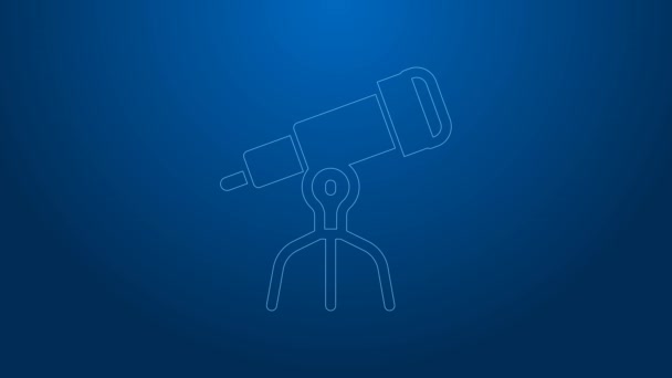 White line Telescope icon isolated on blue background. Scientific tool. Education and astronomy element, spyglass and study stars. 4K Video motion graphic animation — Stock Video