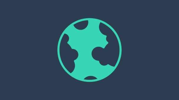ターコイズ地球のアイコンは青の背景に隔離されています。世界や地球の標識。世界的なインターネットシンボル。幾何学的形状。4Kビデオモーショングラフィックアニメーション — ストック動画