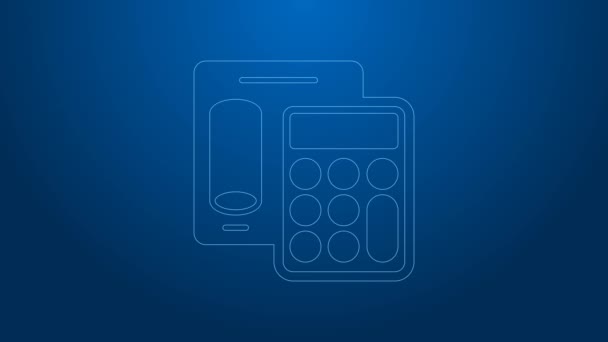 White line Calculator icon isolated on blue background. Accounting symbol. Business calculations mathematics education and finance. 4K Video motion graphic animation — Stock Video