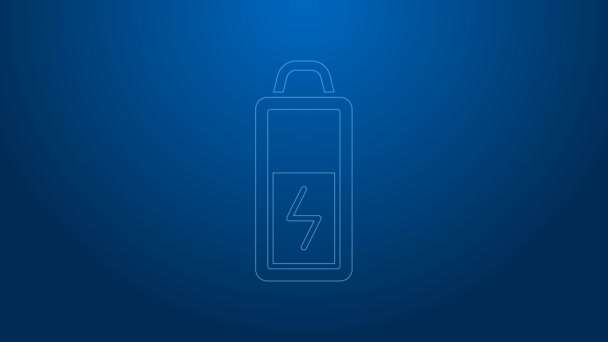 White line Battery icon isolated on blue background. Lightning bolt symbol. 4K Video motion graphic animation — Stock Video