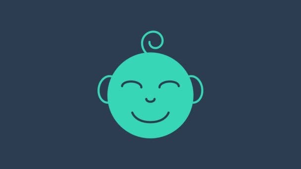 Icono de cabeza de niño feliz turquesa aislado sobre fondo azul. Cara de niño. Animación gráfica de vídeo 4K — Vídeo de stock