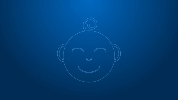 Línea blanca Icono de cabeza de niño feliz aislado sobre fondo azul. Cara de niño. Animación gráfica de vídeo 4K — Vídeo de stock