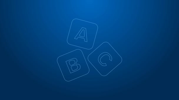 Ligne blanche ABC blocs icône isolée sur fond bleu. cubes alphabétiques avec lettres A, B, C. Animation graphique de mouvement vidéo 4K — Video