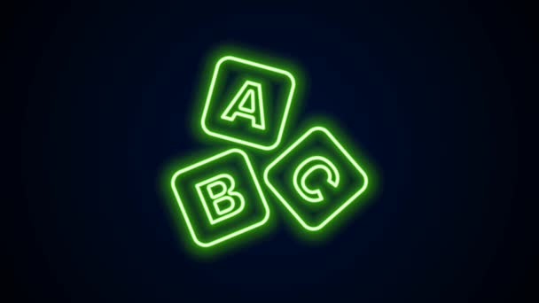 Leuchtende Leuchtschrift ABC blockiert das Symbol isoliert auf schwarzem Hintergrund. Alphabetwürfel mit den Buchstaben A, B, C. 4K Video Motion Grafik Animation — Stockvideo