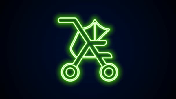 Сяюча неонова лінія Дитяча коляска ізольована на чорному тлі. Дитячий вагон, коляска, коляска, колесо. 4K Відео рух графічна анімація — стокове відео