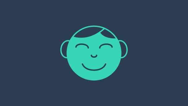 Turquoise Szczęśliwy chłopiec głowa ikona odizolowany na niebieskim tle. Twarz małego chłopca. 4K Animacja graficzna ruchu wideo — Wideo stockowe