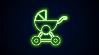 Parlayan neon hat bebek arabası simgesi siyah arkaplanda izole edildi. Bebek arabası, at arabası, bebek arabası, bebek arabası, tekerlek. 4K Video hareketli grafik canlandırması
