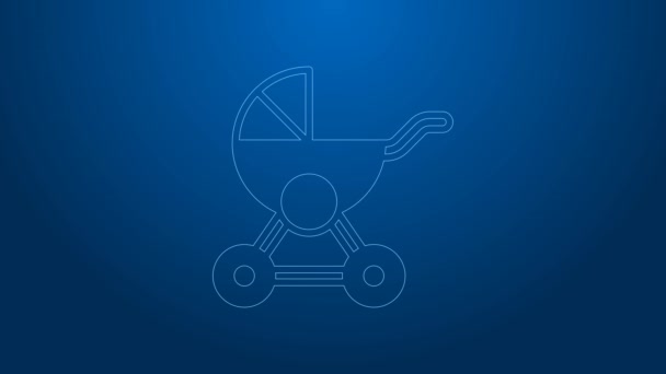 Witte lijn Baby wandelwagen pictogram geïsoleerd op blauwe achtergrond. Kinderwagen, buggy, kinderwagen, kinderwagen, wiel. 4K Video motion grafische animatie — Stockvideo