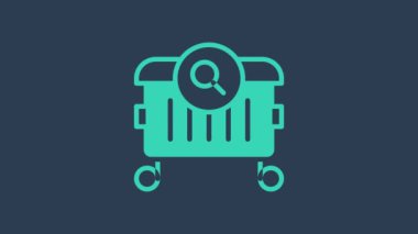 Turkuvaz, mavi arka planda izole edilmiş açık hava ikonunda çöp tenekesinde yiyecek arıyor. Evsizlik ve yoksulluk kavramı. 4K Video hareketli grafik canlandırması