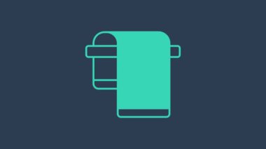 Askı simgesinde turkuaz havlu mavi arkaplanda izole edildi. Banyo havlusu ikonu. 4K Video hareketli grafik canlandırması