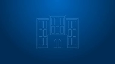 Beyaz Hat Otel binası ikonu mavi arka planda izole edildi. 4K Video hareketli grafik canlandırması