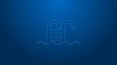 Mavi arka planda izole edilmiş merdiven ikonu olan beyaz çizgi yüzme havuzu. 4K Video hareketli grafik canlandırması