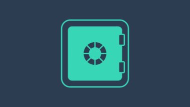 Mavi arkaplanda turkuaz kasa simgesi izole edildi. Kapı, şifreli bir banka kasası. Güvenilir Veri Koruma. 4K Video hareketli grafik canlandırması