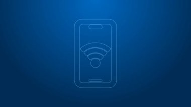 Mavi arkaplanda ücretsiz kablosuz bağlantı ikonu olan beyaz çizgi akıllı telefon. Kablosuz teknoloji, kablosuz bağlantı, kablosuz ağ. 4K Video hareketli grafik canlandırması