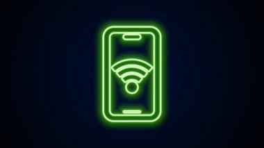 Siyah arkaplanda izole edilmiş ücretsiz kablosuz bağlantı ikonu olan parlak neon hattı akıllı telefon. Kablosuz teknoloji, kablosuz bağlantı, kablosuz ağ. 4K Video hareketli grafik canlandırması