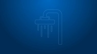 Mavi arka planda su damlaları akan beyaz çizgi duş başlığı izole edilmiş. 4K Video hareketli grafik canlandırması