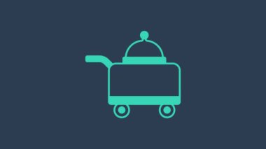 Mavi arka planda izole edilmiş bir tepsi yiyecek ikonu ile kaplanmış turkuaz. Tepsi ve kapak işareti. Kapaklı bir restoran saati. 4K Video hareketli grafik canlandırması