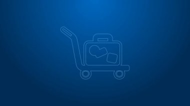 Beyaz çizgi Trolley çanta ikonu mavi arkaplanda izole edildi. Seyahat bagaj tabelası. Seyahat bagaj ikonu. 4K Video hareketli grafik canlandırması