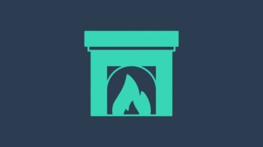 Mavi arka planda izole edilmiş turkuaz şömine ikonu. 4K Video hareketli grafik canlandırması