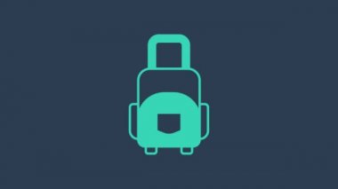 Seyahat simgesi için turkuaz bavul mavi arkaplanda izole edildi. Seyahat bagaj tabelası. Seyahat bagaj ikonu. 4K Video hareketli grafik canlandırması