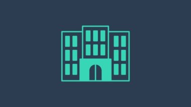 Turkuaz Otel binası ikonu mavi arka planda izole edildi. 4K Video hareketli grafik canlandırması