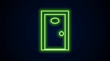 Siyah arkaplanda kapalı numaralı kapı simgesi olan parlak neon hattı otel koridoru. 4K Video hareketli grafik canlandırması