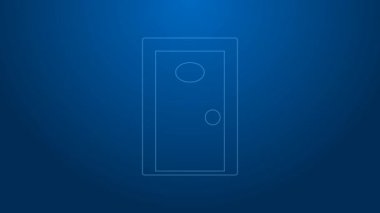 Mavi arka planda kapalı numaralı kapı simgesi olan beyaz çizgi otel koridoru. 4K Video hareketli grafik canlandırması