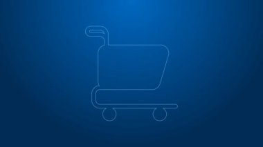 Beyaz çizgi alışveriş arabası simgesi mavi arka planda izole edildi. İnternetten satın alma konsepti. Servis tabelası. Süpermarket sepeti sembolü. 4K Video hareketli grafik canlandırması