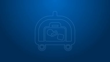 Beyaz çizgi otelin bagaj vagonunda mavi arka planda bavul ikonu var. Seyahat bagaj tabelası. Seyahat bagaj ikonu. 4K Video hareketli grafik canlandırması