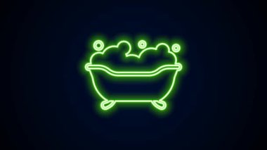 Siyah arkaplanda izole edilmiş ikon içinde köpük köpüklü neon çizgisi küvet. 4K Video hareketli grafik canlandırması