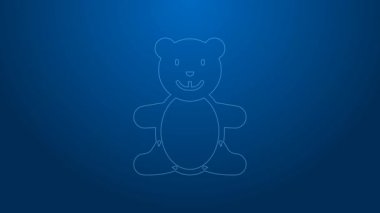 Beyaz çizgi, peluş oyuncak ikonu mavi arka planda izole edilmiş. 4K Video hareketli grafik canlandırması