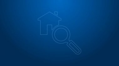 Beyaz çizgi arama evi simgesi mavi arkaplanda izole edildi. Büyüteç altındaki bir evin emlak sembolü. 4K Video hareketli grafik canlandırması