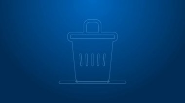 Beyaz çizgi çöp kutusu simgesi mavi arkaplanda izole edildi. Çöp kutusu tabelası. Sepet simgesini geri dönüştür. Ofis çöpü ikonu. 4K Video hareketli grafik canlandırması
