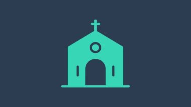 Turkuaz kilise binası ikonu mavi arka planda izole edildi. Hıristiyan Kilisesi. Kilisenin dini. 4K Video hareketli grafik canlandırması