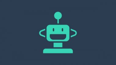 Turkuaz robot oyuncak ikonu mavi arka planda izole edildi. 4K Video hareketli grafik canlandırması