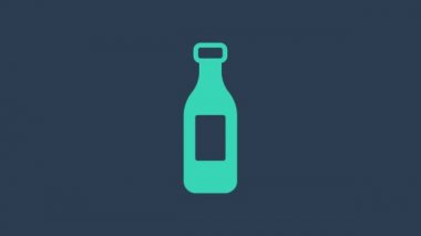 Mavi arka planda izole edilmiş turkuaz su ikonu şişesi. Soda su içme tabelası. 4K Video hareketli grafik canlandırması