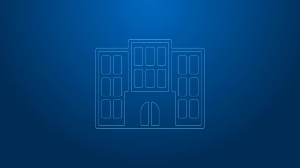 Ligne blanche icône du bâtiment de l'hôtel isolé sur fond bleu. Animation graphique de mouvement vidéo 4K — Video