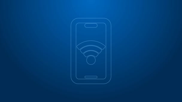 Teléfono inteligente de línea blanca con conexión inalámbrica wi-fi gratuita icono aislado sobre fondo azul. Tecnología inalámbrica, conexión wi-fi, red inalámbrica. Animación gráfica de vídeo 4K — Vídeos de Stock